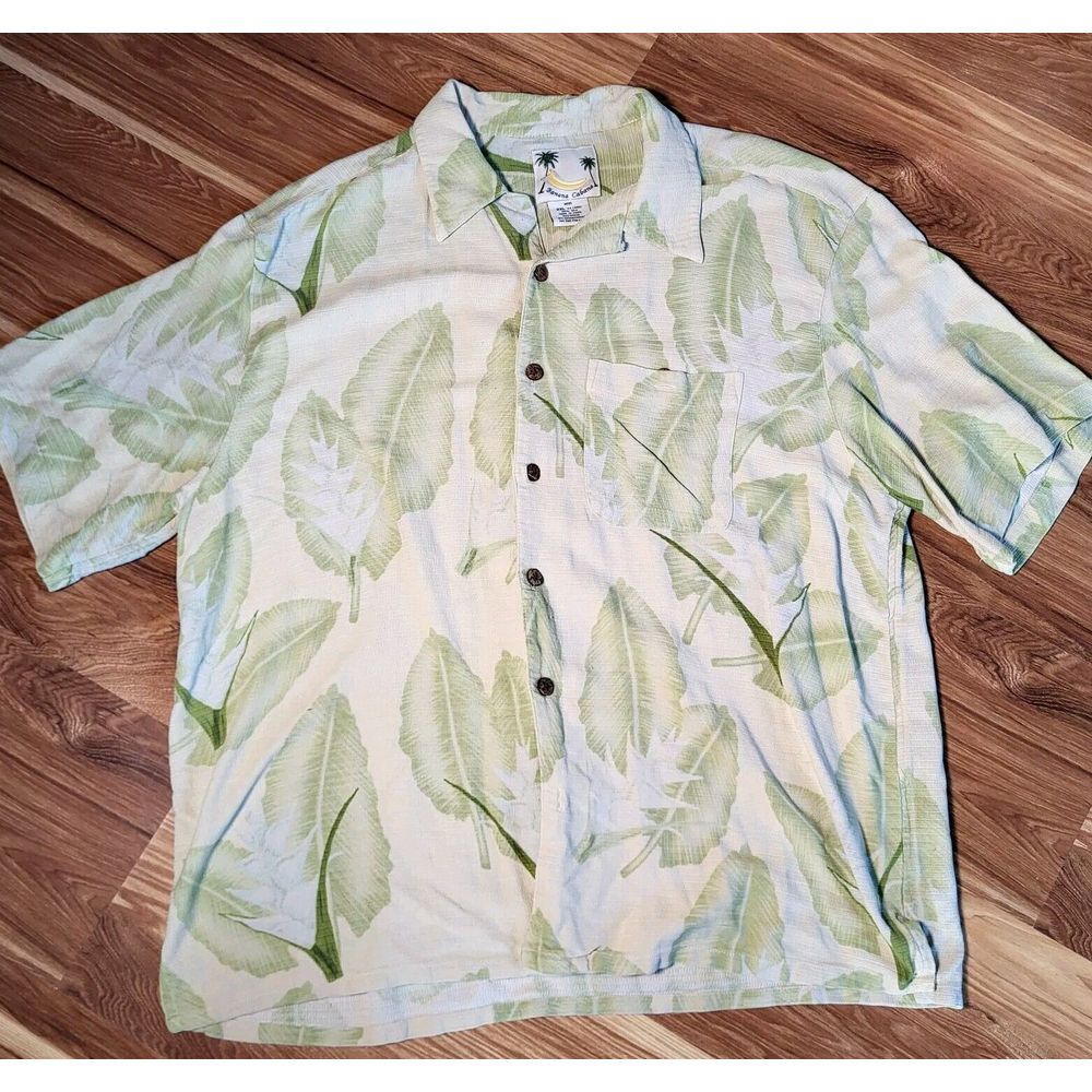 Banana Cabana‎ Button Up Shirt Hawaiian 100% Silk Wood Buttons Mens 2XL Green